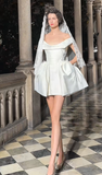 White A Line Off the Shoulder Satin Short Homecoming Dress Birthday Dress HZ1023