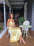 Elegant A Line Halter Yellow Bow Satin Open Back Prom Dress Graduation Prom Dress HZ1023