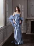Blue Sheath Strapless Feather Rhinestone Satin Long Prom Dress 16th Birthday Dress HZ1023
