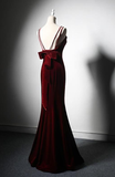 Elegant Burgundy Spaghetti Straps Velvet Mermaid Prom Dress Evening Dress HZ1023