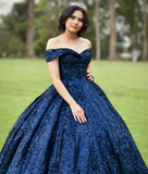 Shiny Royal Blue Ball Gown Off the Shoulder Sequin Sweet 16 Dress Party Gowns Quinceanera Dresses HZ1023
