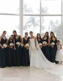 Navy Blue Mermaid V Neck Satin Long Bridesmaid Dress Evening Dress with Bow HZ1023