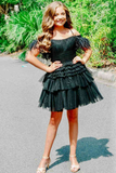 Off The Shoulder Pleated Tiered Tulle Party Dress,Pretty Homecoming Dress HZ1023