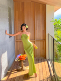 Simple Green Mermaid Straps Satin Open Back Long Prom Dress Vacation Dress HZ1023