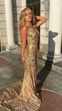 Unique Mermaid Golden Sequin Long Sweep Open Back Prom Dress Evening Dress HZ1023