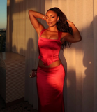 Two Piece Sheath Spaghetti Strap Burgundy Satin Party Dress Evening Dress HZ1023