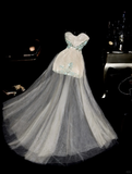 Retro A Line Sweetheart Neck Embroidery White Lace Tulle Prom Dress Evening Dress HZ1023