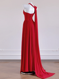 Flowy Red A Line One Shoulder Chiffon Long Prom Dress Party Dress HZ1023