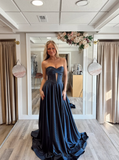 Elegant A Line Sweetheart Neck Navy Blue Satin Long Prom Dress Evening Dress HZ1023