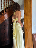 Elegant A Line Halter Yellow Bow Satin Open Back Prom Dress Graduation Prom Dress HZ1023