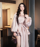 Gentle A Line Long Sleeve Satin Short Homecoming Dress Cocktail Dress HZ1023