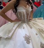 Champagne Sweetheart Neck Corset Rhinestone Tulle Ball Gown Sweet 16 Dress Quinceanera Dress HZ1023