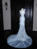 Baby Blue Mermaid Sweetheart Neck Beaded Feathder Tulle Prom Dress Evening Dress HZ1023