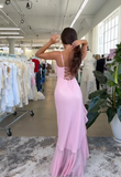 Pink Mermaid Spaghetti Strap Sequin Ruffle Long Prom Dress 16th Birthday Dress with Slit HZ1023