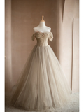 Light Camel A Line Off the Shoulder Floral Tulle Long Party Dress Prom Dress Formal Dress HZ1023