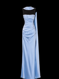 Romantic Sheath Strapless Blue Satin Open Back Long Prom Dress Graduation Prom Dress HZ1023
