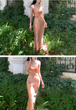 Simple Orange Sheath Spaghetti Strap Satin Open Back Prom Dress Party Dress HZ1023
