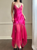 Hot Pink Sexy A Line Spaghetti Strap Lace Satin Prom Dress Evening Dress HZ1023