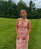 Pink Sheath Halter Print Floral Chiffon Long Prom Dress Vacation Dress HZ1023