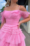 Off The Shoulder Pleated Tiered Tulle Party Dress,Pretty Homecoming Dress HZ1023