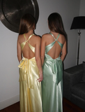Green Simple Sheath V Neck Satin Open Back Prom Dress Evening Dress Formal Gown HZ1023