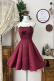 Simple A Line Strapless Burgundy Satin Short Homecoming Dress Cocktail Dress HZ1023