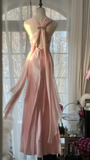 Classy A Line V Neck Beaded Pink Chiffon Satin Long Party Dress Evening Dress HZ1023