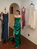 Elegant A Line Strapless Corset Green Satin Long Prom Dress Evening Dress with Slit HZ1023