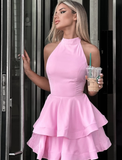 Pink A Line Halter Layered Pink Satin Open Back Short Homecoming Dress Cocktail Dress HZ1023