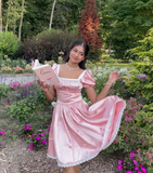 Cute Pink A Line Puff Lace Satin Short Homecoming Dress Cocktail Dress HZ1023