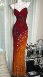 Exquisite Burgundy Orange Floral Beaded Ball Gown Long Chiffon Date Dress Evening Dress HZ1023