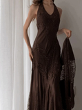 Vintage Mermaid Sleeveless Halter Brown Long Prom Dress HZ1023