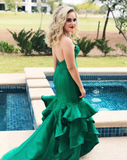 Charming Mermaid Sweetheart Ruffle Green Satin Long Prom Dress Evening Dress HZ1023