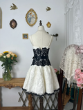 Cute A Line Strapless Bow Black White Lace Short Homecoming Dress Cocktail Dress HZ1023
