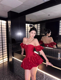 Red A Line Off the Shoulder Satin Velvet Short Homecoming Dress Cocktail Dress HZ1023