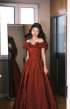Romantic Burgundy A Line Off the Shoulder Pleated Satin Evening Dress Party Dress HZ1023