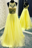 Yellow Tulle Lace Round Neck Long Open Back Prom Dress Evening Dress HZ1023