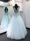 Light Blue Tulle V Neck Long A Line Prom Dress Formal Dress Graduation Dress HZ1023
