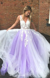 V Neck Open Back Tulle Applique Long Prom Dress HZ1023