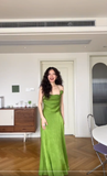 Simple Green A Line Halter Satin Prom Dress Wedding Guest Dress HZ1023
