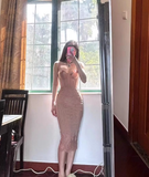 Sexy Sheath Spaghetti Strap Brown Lace Tulle Knee Length Homecoming Dress Cocktail Dress HZ1023