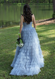 A Line Straps Polka Dots Layered Tulle Long Prom Dress Evening Dress HZ1023