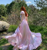 Princess A Line Off the Shoulder Corset Pink Satin Long Sweep Prom Dress with Slit HZ1023