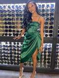 Spaghetti Straps Green Pleated Slit Prom Dress HZ1023