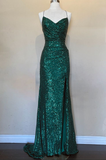 Simple Green Sequin Mermaid Slit Prom Dress Evening Dress HZ1023