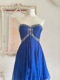 Vintage Blue A Line Sweetheart Neck Rhinestone Ruffle Chiffon Homecoming Dress Outfits HZ1023