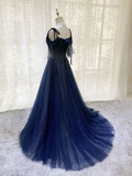 Navy Blue Tulle Beaded Long Prom Dress Evening Dress HZ1023