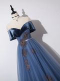 Off Shoulder Tulle Gray Blue Long Prom Dress, Blue Formal Dress HZ1023
