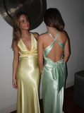 Green Simple Sheath V Neck Satin Open Back Prom Dress Evening Dress Formal Gown HZ1023