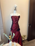 Vintage A Line Strapless Flower Pleated Burgundy Satin Long Prom Dress Party Dress HZ1023